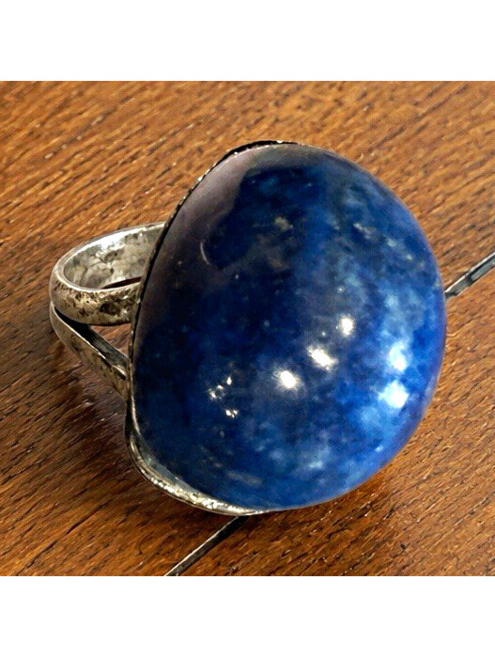 Silver Tone Cocktail Ring Size 8 w/ Large Blue Round Cabochon Stone